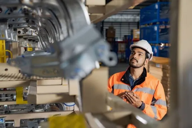 Manufacturing floor or warehouse with products, operator at work, wide
