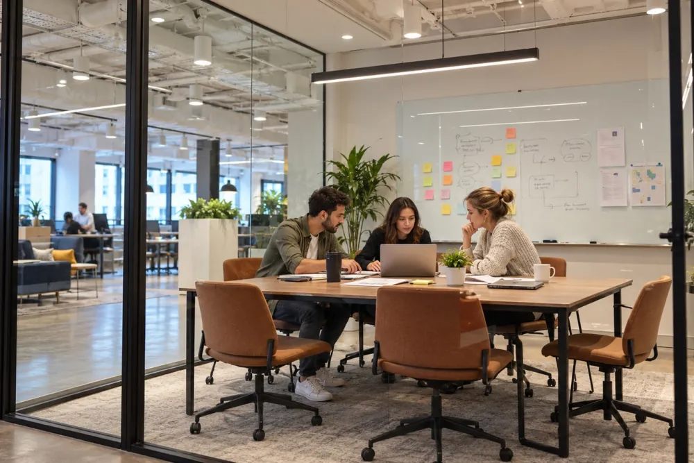 Team of three planning target accounts at a table in a glass-walled meeting room