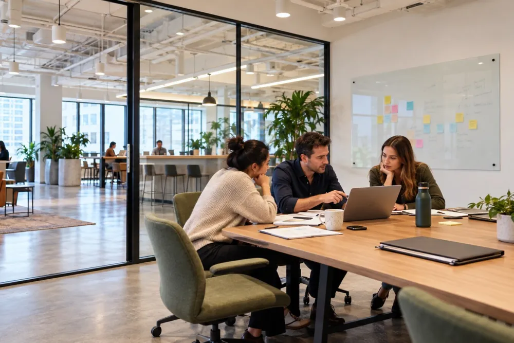 Three colleagues reviewing documents and a laptop at a long table in an open-plan office